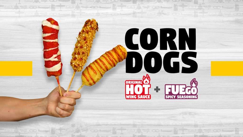 Banner Corn Dogs, original hot Wing Sauce natural flavors, Fuego Flavor Sauces