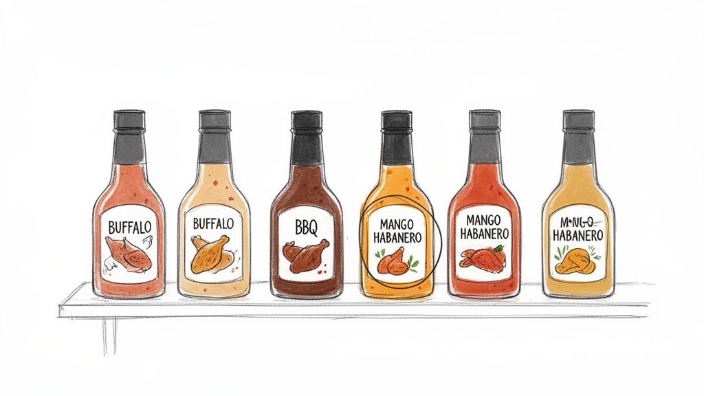 Six bottles of various chicken wing sauces, including Buffalo, BBQ, and Mango Habanero, on a white shelf.