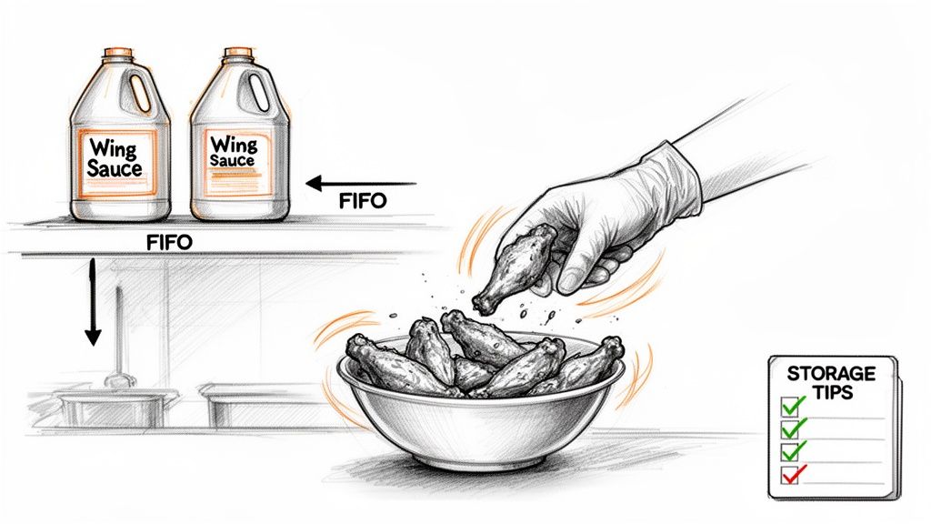 Illustration showing First-In, First-Out (FIFO) method for wing sauce and a hand tossing chicken wings.