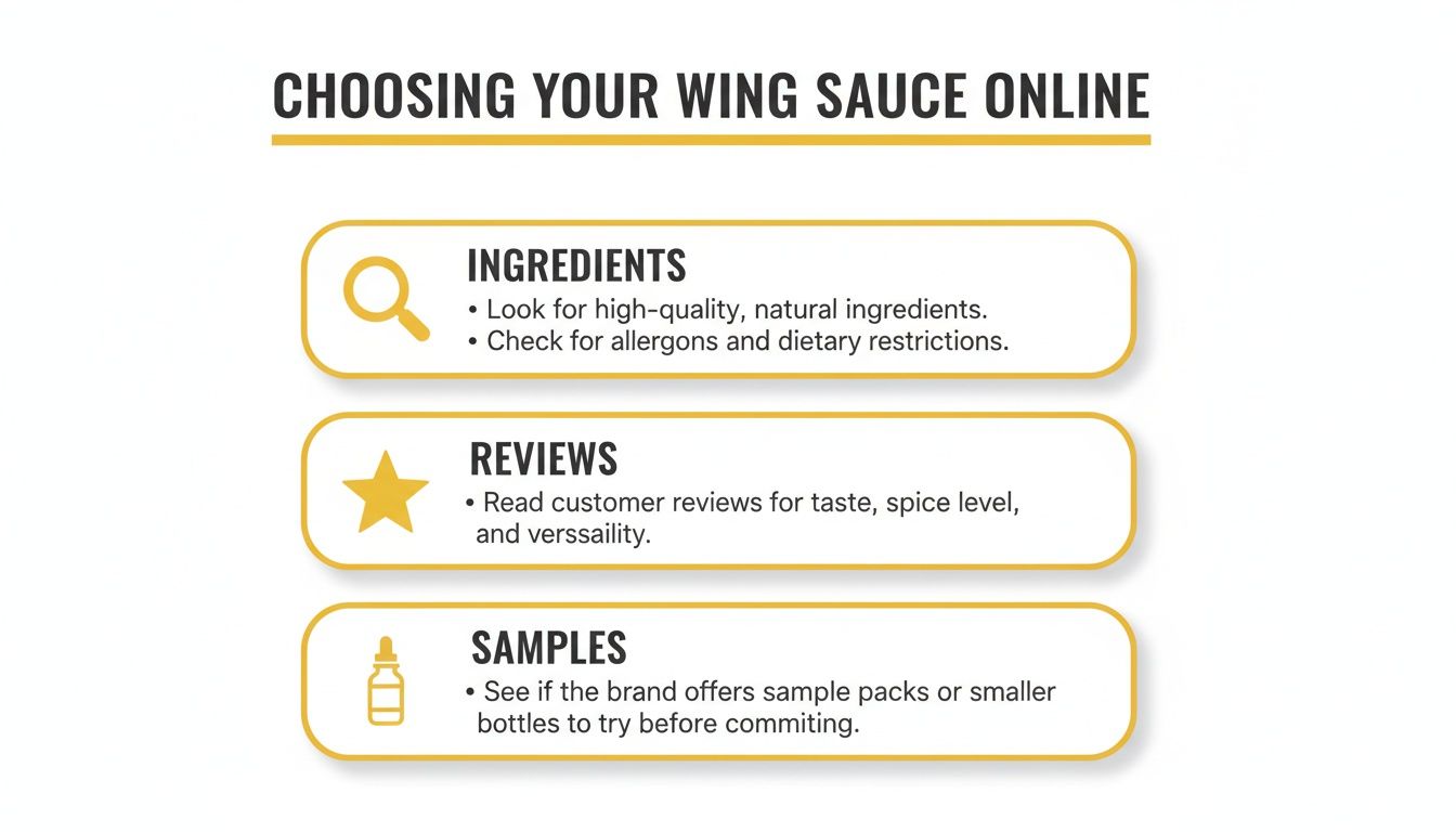 A helpful guide for choosing wing sauce online, covering ingredients, customer reviews, and samples.