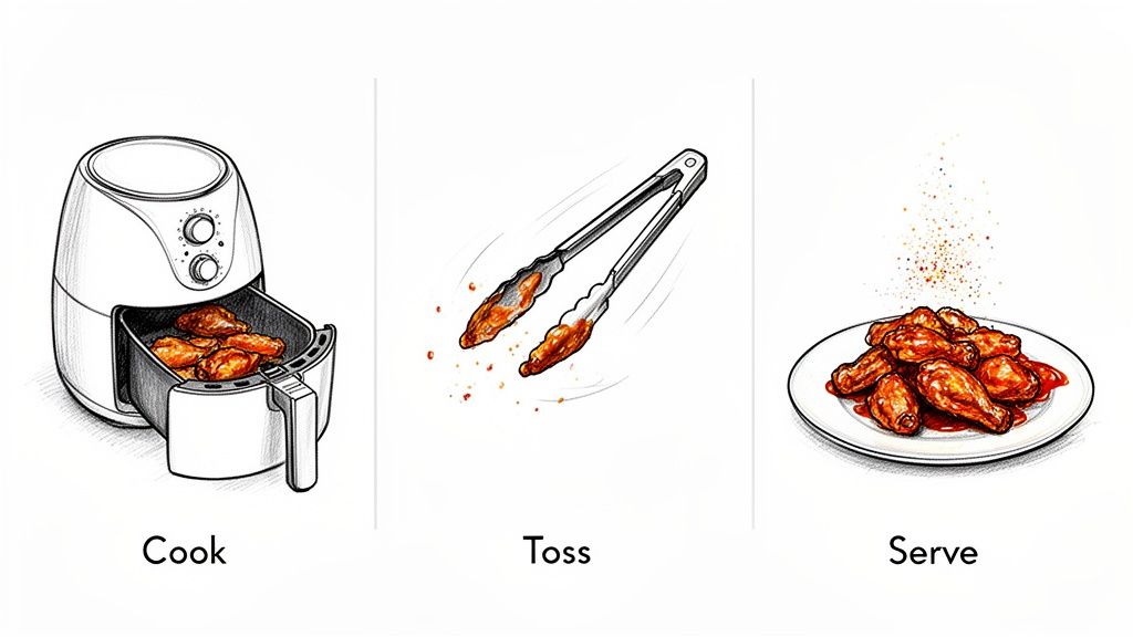 Three illustrations show the steps to cook, toss, and serve delicious chicken wings.