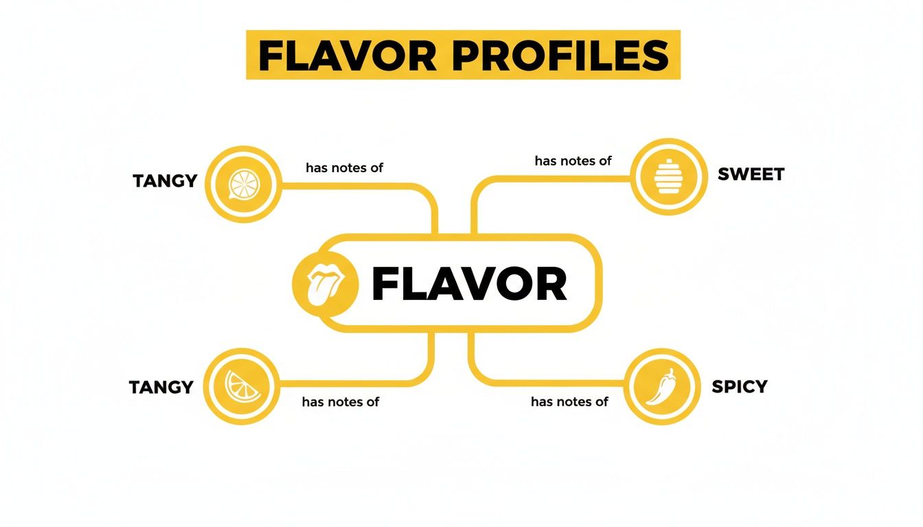 Diagram showing flavor profiles, including tangy lemon, sweet honeycomb, and spicy chili.