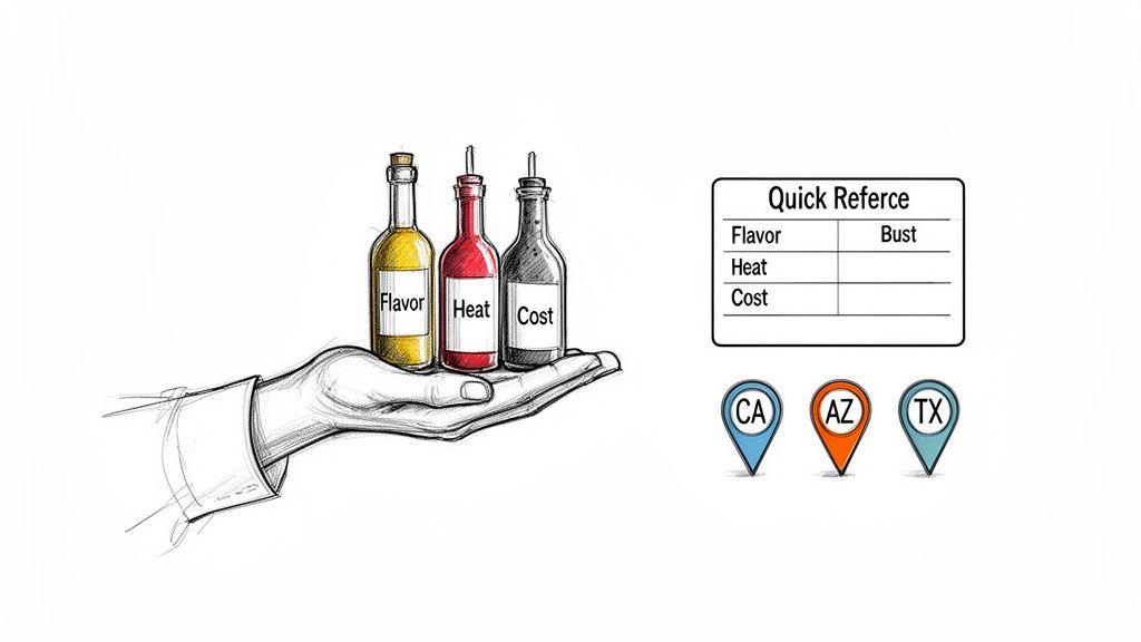 A hand holding bottles labeled 'Flavor,' 'Heat,' and 'Cost,' with a quick reference table and state pins.