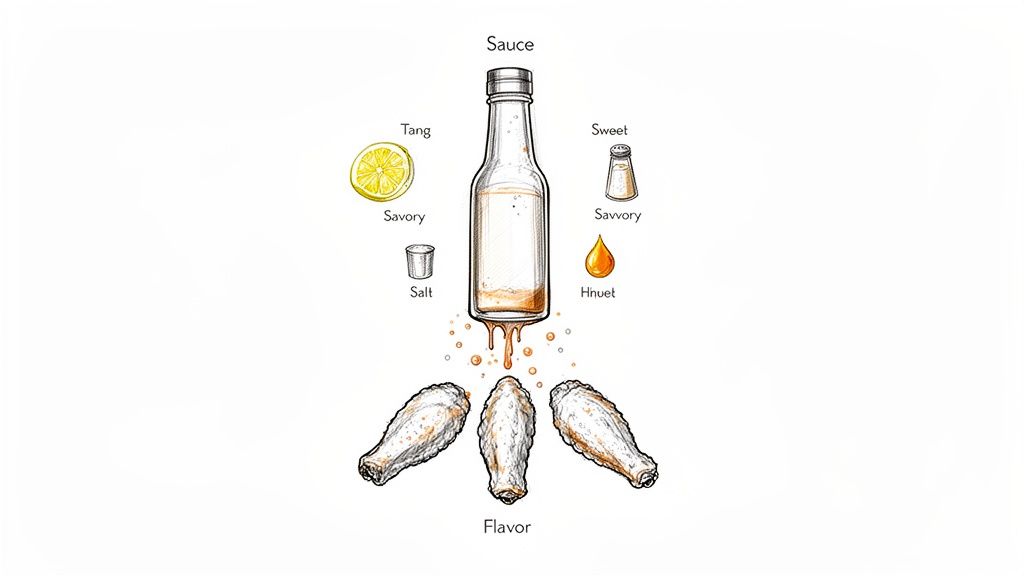 Illustration showing a sauce bottle dripping onto chicken wings, with ingredients representing tang, salt, sweet, and savory flavors.