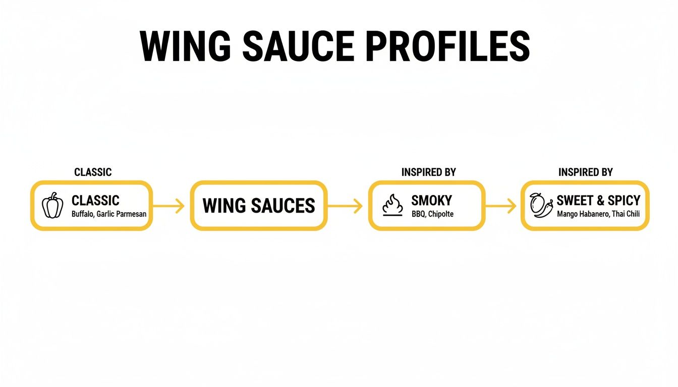 A flowchart displaying wing sauce profiles: Classic with Buffalo and Garlic Parmesan, Smoky with BBQ and Chipotle, and Sweet & Spicy with Mango Habanero and Thai Chili.