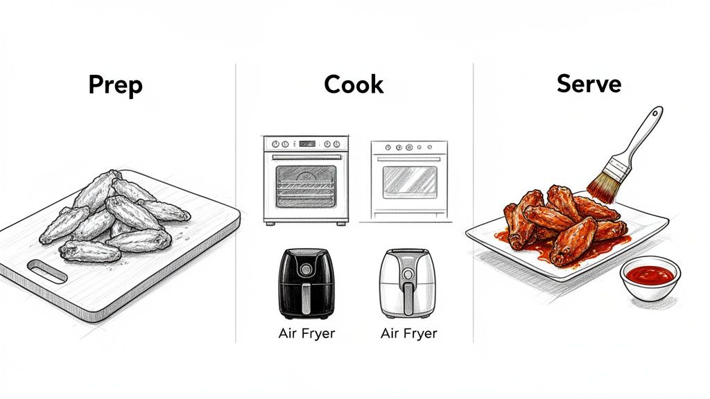 Illustration showing three stages of preparing hot chicken wings: prep, cook, and serve.