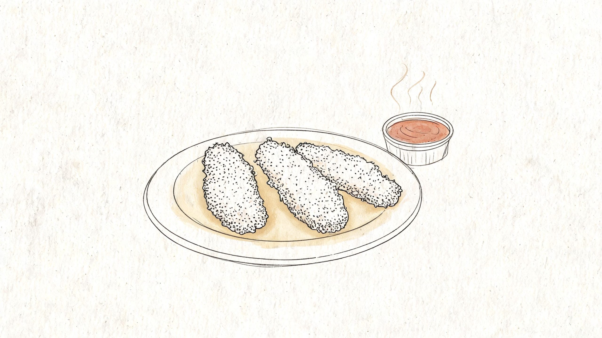 A hand-drawn illustration of three breaded chicken tenders on a plate served with dipping sauce.