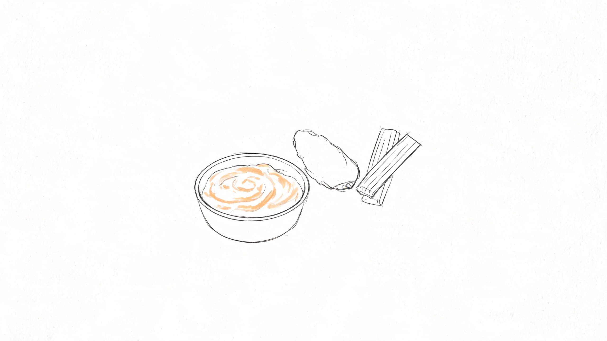 A line drawing of a small bowl of ranch dressing served with celery sticks and a date.