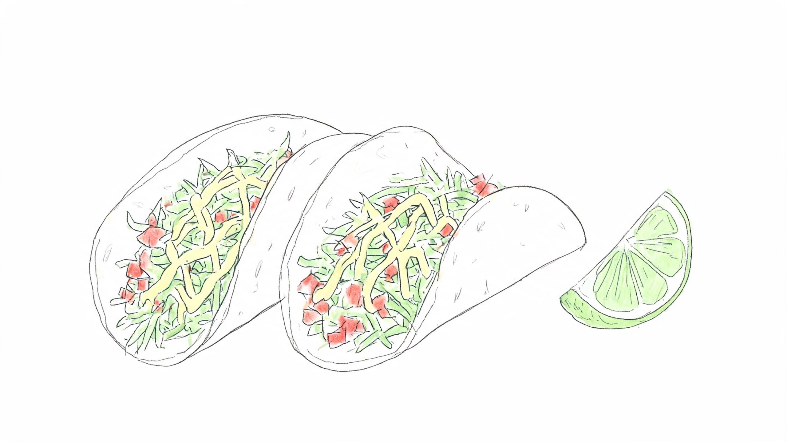 A hand-drawn sketch of two delicious tacos topped with shredded cheese and tomatoes next to a lime wedge.